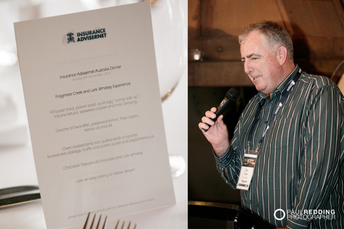 Insurance Advisernet Australia Conference 2015. Frogmore Creek Winery. Pre Conference Welcome Dinner Photography by Paul Redding, Hobart Conference Photographer. Lark Whiskey Tasting